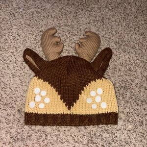Adorable brown and cream plush reindeer beanie